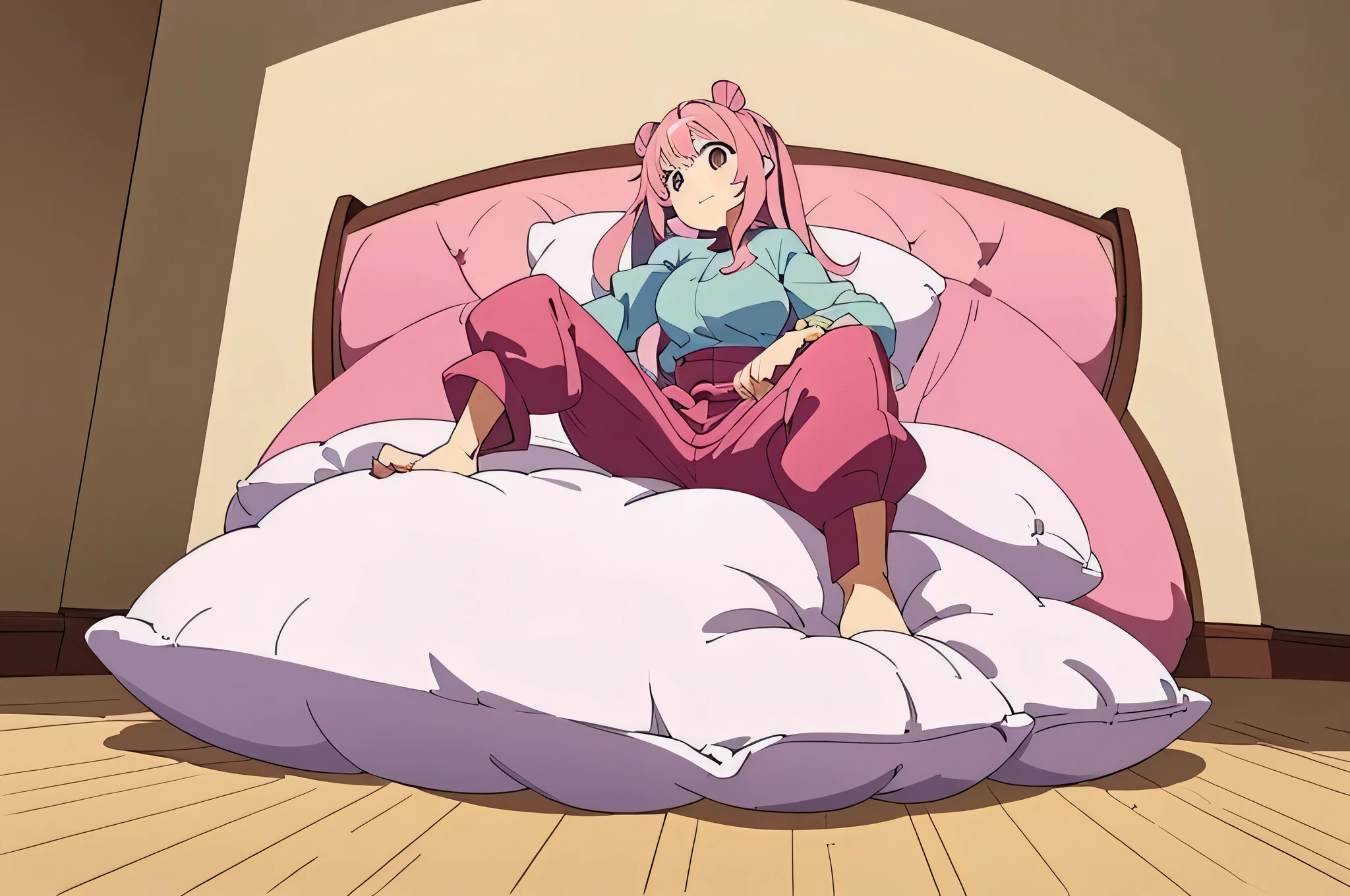 (best quality， masterpiece) , details, (Light and shadow oxtail) , Cute girl posing on pillow ，Pillow, Upholstered，Soft pillow quotation，（Pillow），The love surrounding the protagonist，steam，Luxury Pillow），（Gorgeous pattern pillow），luxurious pillow，（bedroom ）, standing,（Love around the protagonist），（pillow）, long hair, frilled pillow , ((pink pillow))  , 1 pillow, standing on top of pillow, on pillow, big pillow, pillow damage, stomping pillow, stomping, pillow on floor, stepping on pillow, posing on top pillow, full body, pillow on floor, (((pink hair))), feathers