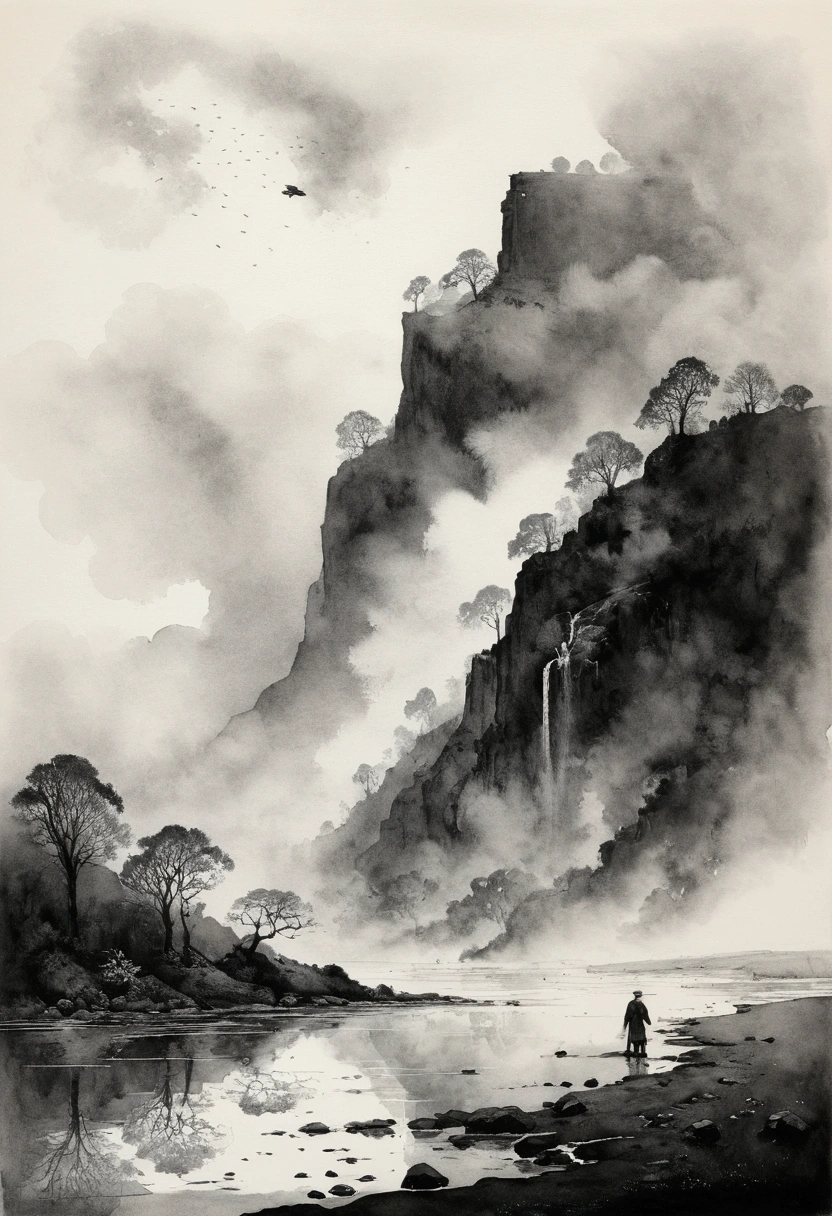 masterpiece,best quality,Norman Ackroyd Style,Fly dust etching,watercolor,black and white,illustration,Features,landscape, A person&#39;s entire head turns into white mist and floats away，