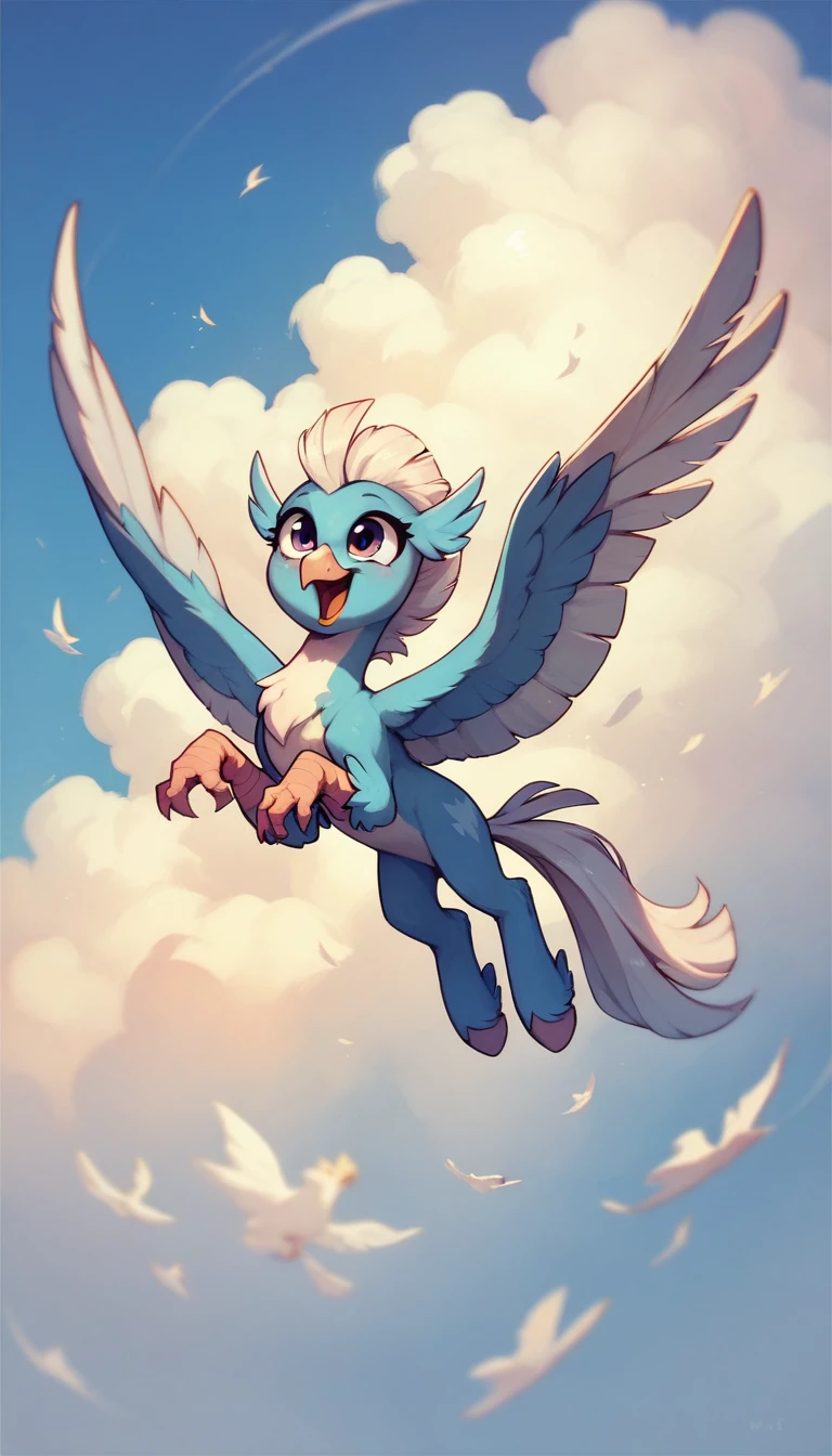 cute hippogriff from MLP, blue fur and white mane, flying in the sky against a background of clouds, joyful face