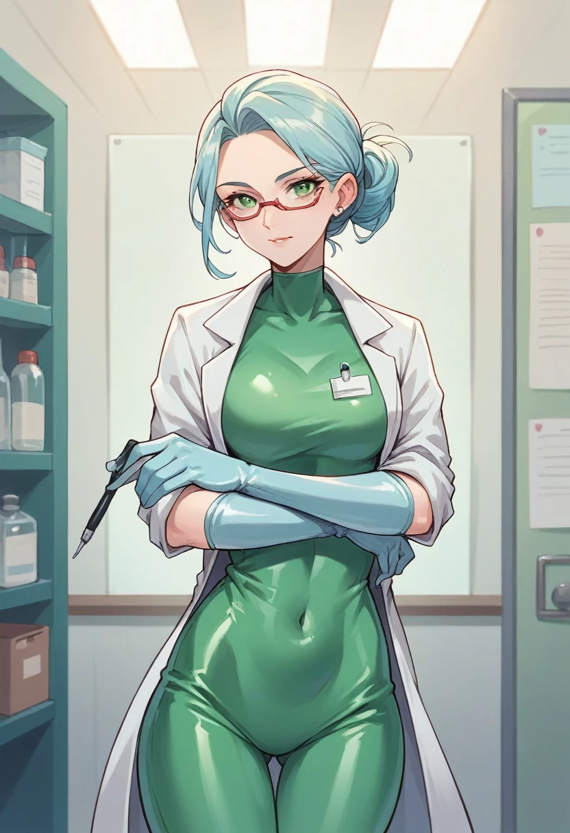 1girl, ((light blue elbow gloves)), ((surgical gloves)), ((latex gloves)), ((long sleeves)), ((green surgeon outfit)), ((doctor)), looking at viewer, standing, solo