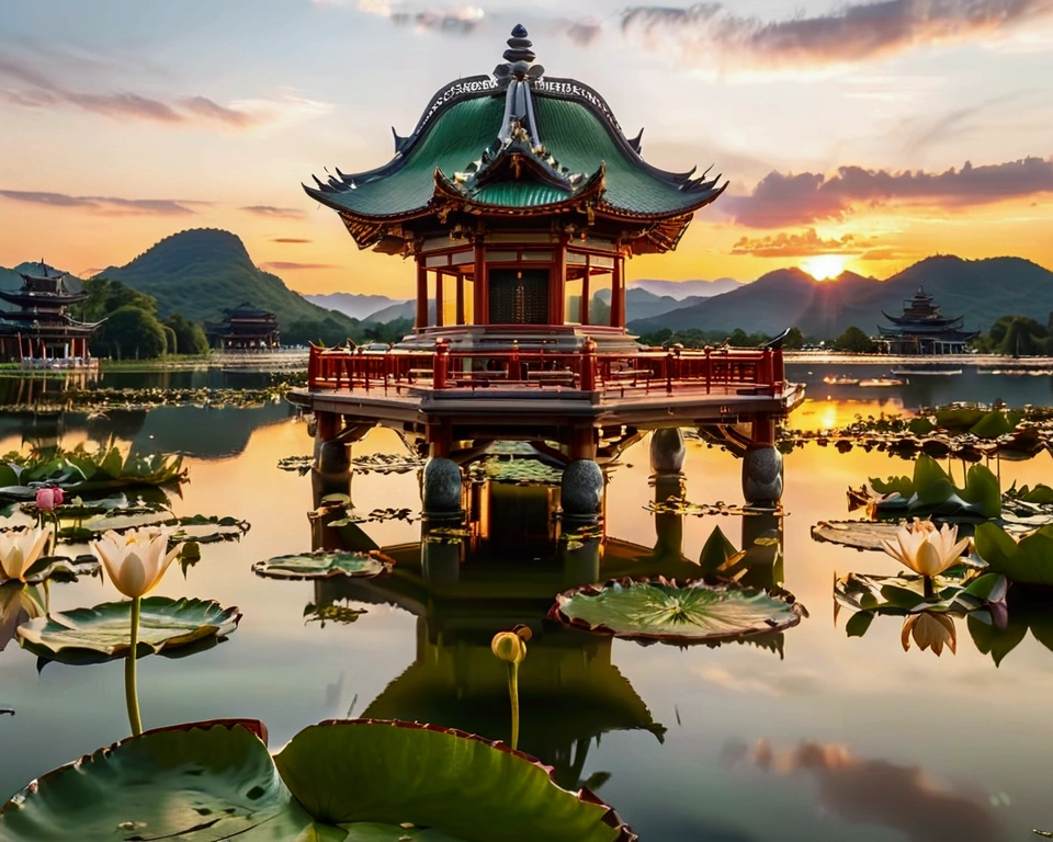  Mountain, landscape, Tree, flower, Sky, outdoor, No humans, architecture, cloud, east asian architecture, water, pagoda, lily pad, Sunset