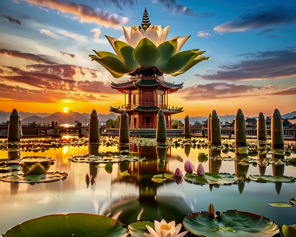  Mountain, landscape, Tree, flower, Sky, outdoor, No humans, architecture, cloud, east asian architecture, water, pagoda, lily pad, Sunset