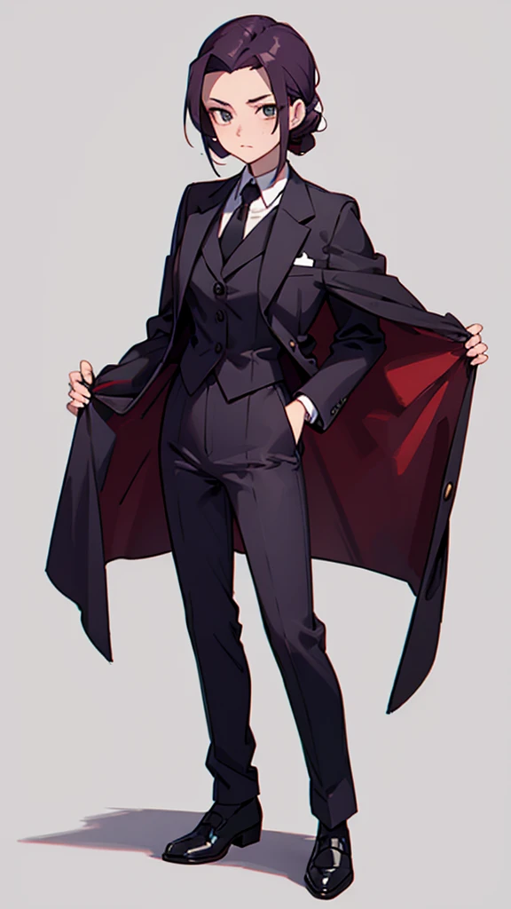 1.Cross-dressing girl,suit,Hair style slicked back,Dark purple hair,Leather shoes,whole body,White background,濃い紫のsuit,濃い紫のsuitズボン,Photographer,Single-lens reflex camera,Cool standing figure,