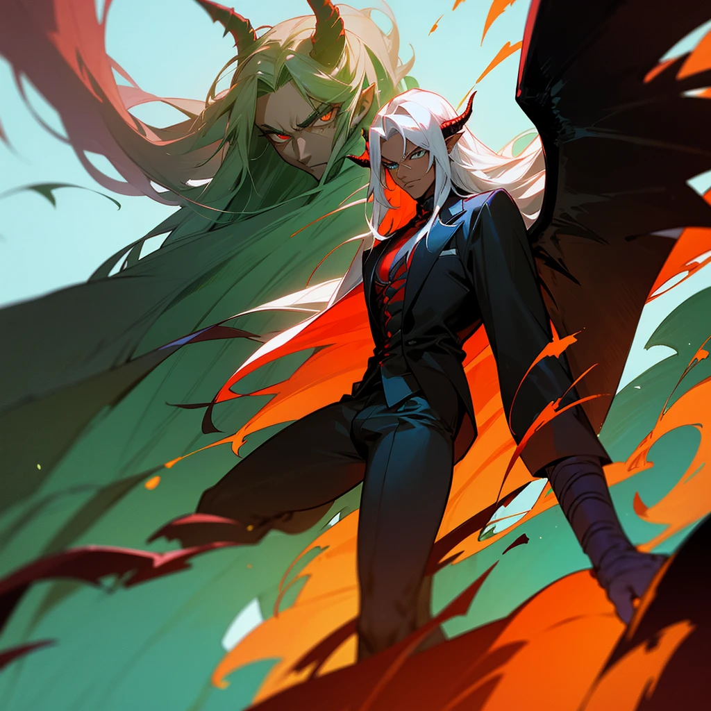Male character, handsome, dark skin, black wings, wearing a red suit, long white hair, green eyes, his appearance is that of a fire demon, his body is that of a fire demon with giant horns, a bestial body.