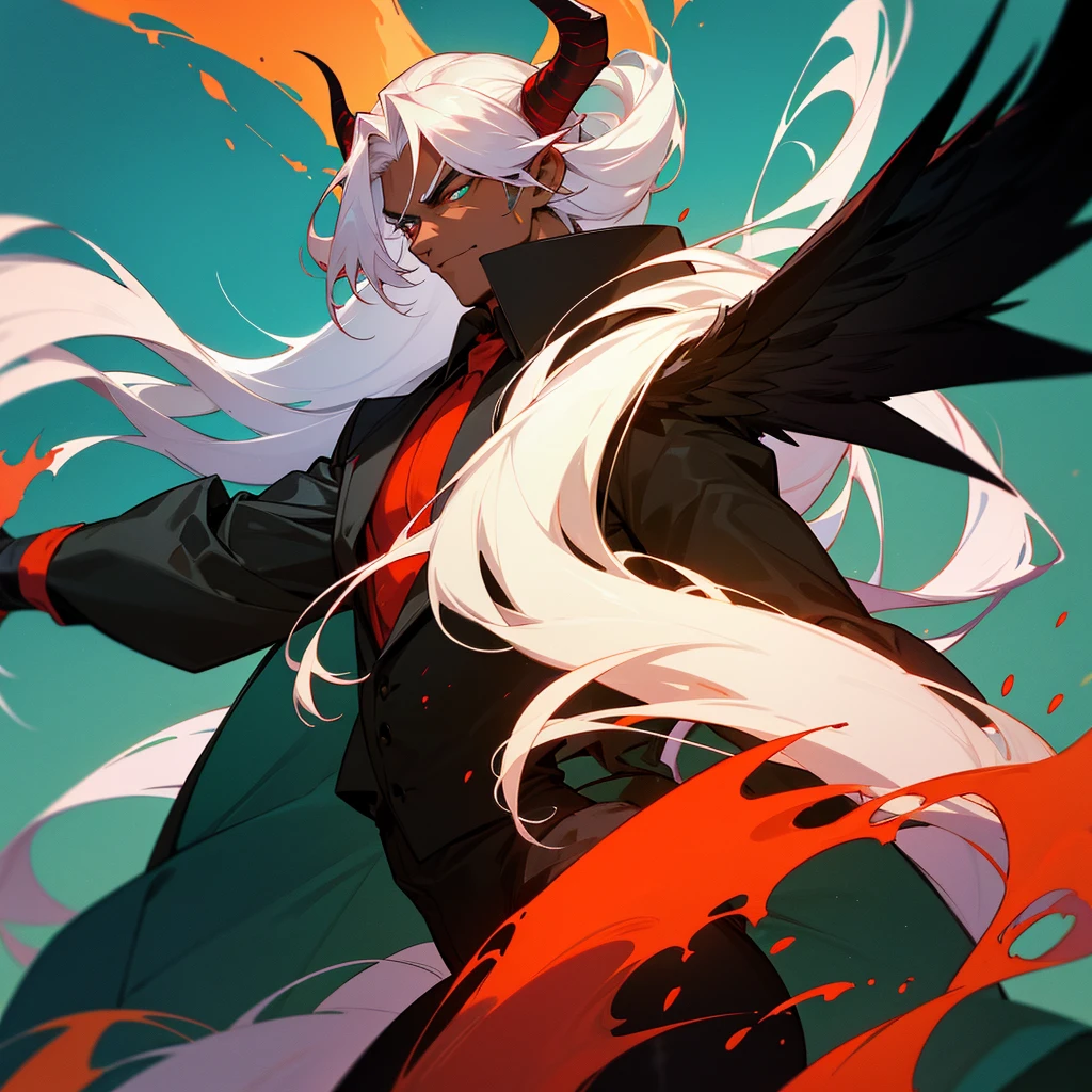 Male character, handsome, dark skin, black wings, wearing a red suit, long white hair, emerald green eyes, his appearance is that of a fire demon, his body is that of a fire demon with giant horns, a bestial body, a hideous, intimidating appearance, a horrible, ugly, hideous demon.
