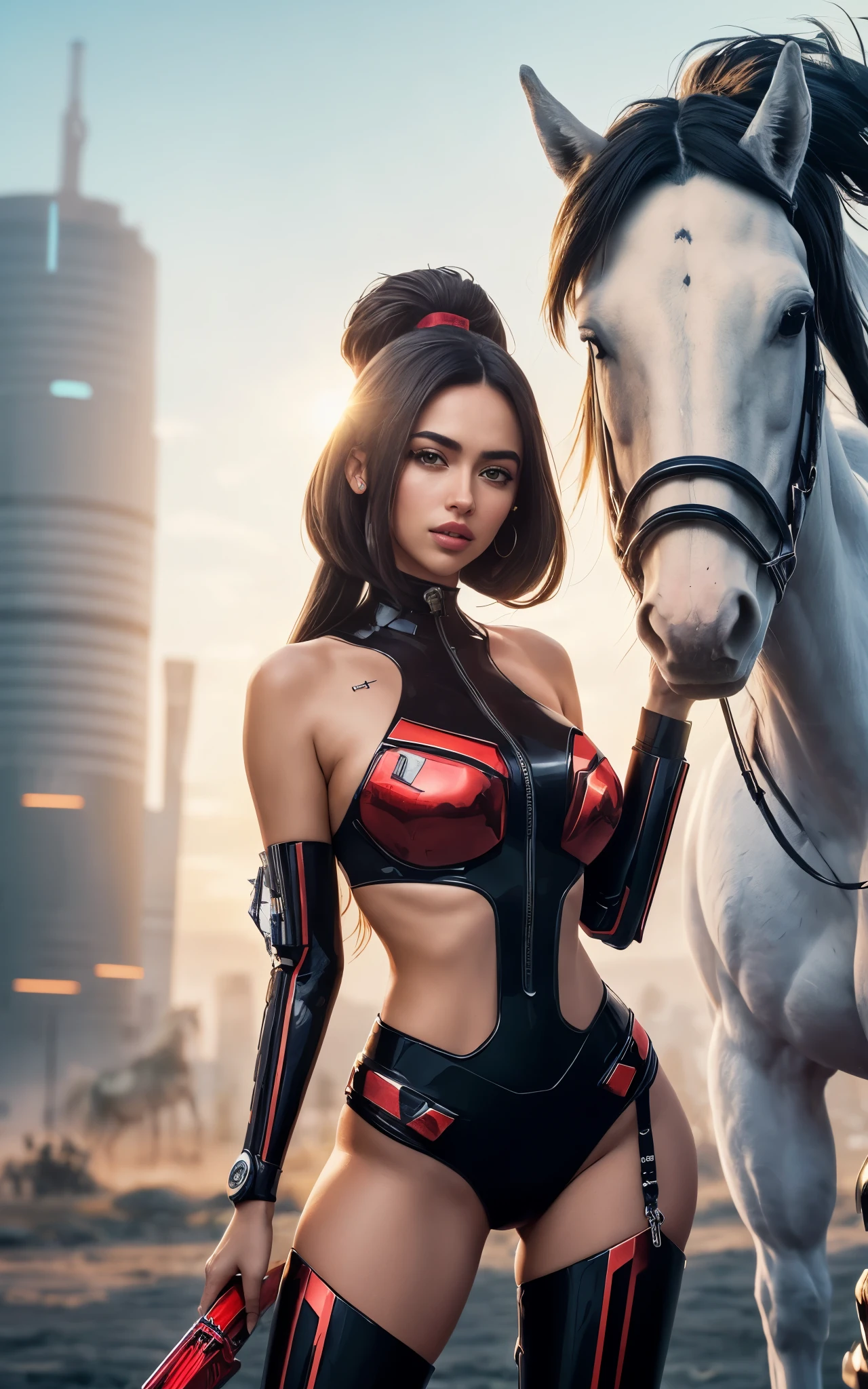 (Irina Shayk:DuaLipa) Dark_Fantasy, Cyberpunk, (Fang Tian Painting Halberd, White Horse, Red: 1.1), 1 woman, Mechanical Marvel, Robot Existence, Cybernetics Guardian, Beauty