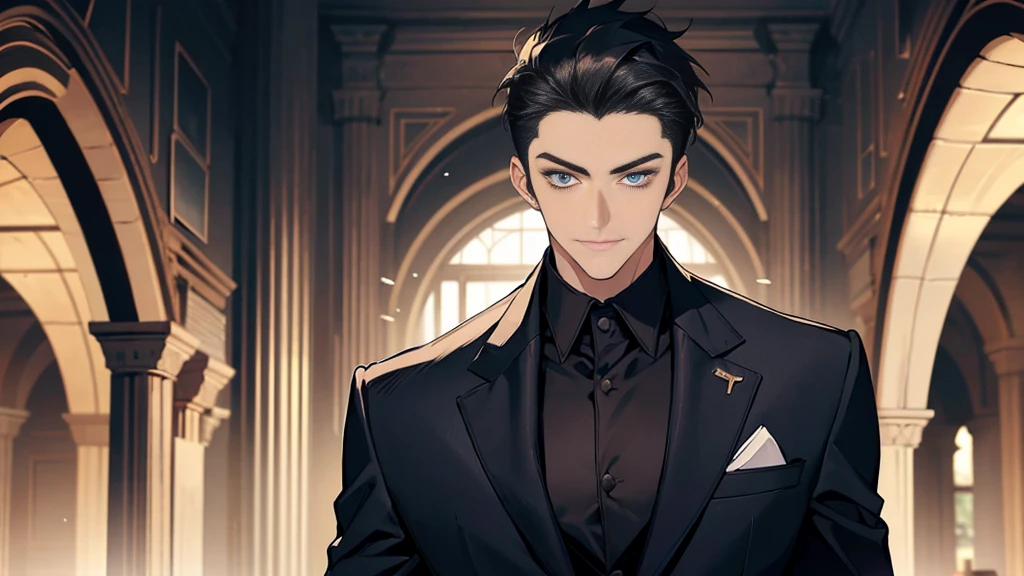 ,Masterpiece,best quality,Very detailed,anime,a handsome man, man,manที่เป็นผู้ใหญ่, A quiet and charming young man, 30 years old, smile, gag, Portrait, Highly detailed face, ((blue eyes)), ((ผมสั้นblack)),manหล่อ,Height 190 cm. ,Short hair Quiff Hairstyle,ผมสั้นblack,blue eyes, alone,stare,smile,stand,back light,blue eyes,muscle,Tall and big,business suit, เสื้อสูทblack(black),เสื้อเชื้ตblack, All Black,Masterpiece,best quality,Very detailed