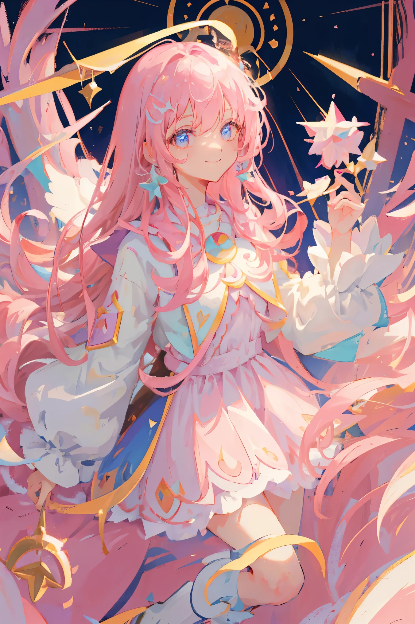 masterpiece, best quality, wallpaper, magical girl, long pink hair, white fluffy outfit with pink details, magic letter frame, smiling, bright colors, scattered hair, detailed astrology