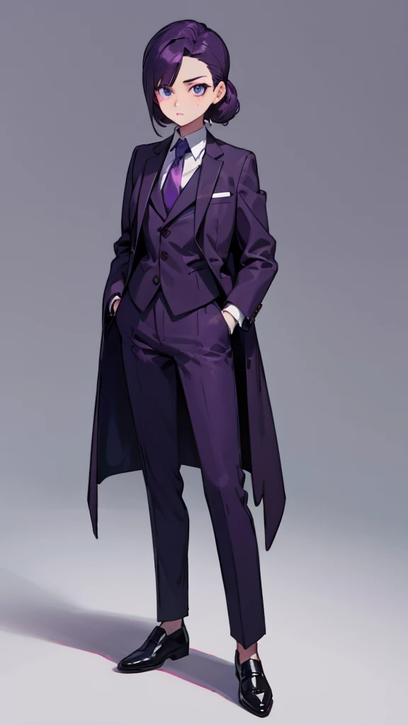1.Cross-dressing girl,suit,Hair style slicked back,Dark purple hair,Leather shoes,whole body,White background,濃い紫のsuit,濃い紫のsuitズボン,Photographer,Single-lens reflex camera,Cool standing figure,Purple tie