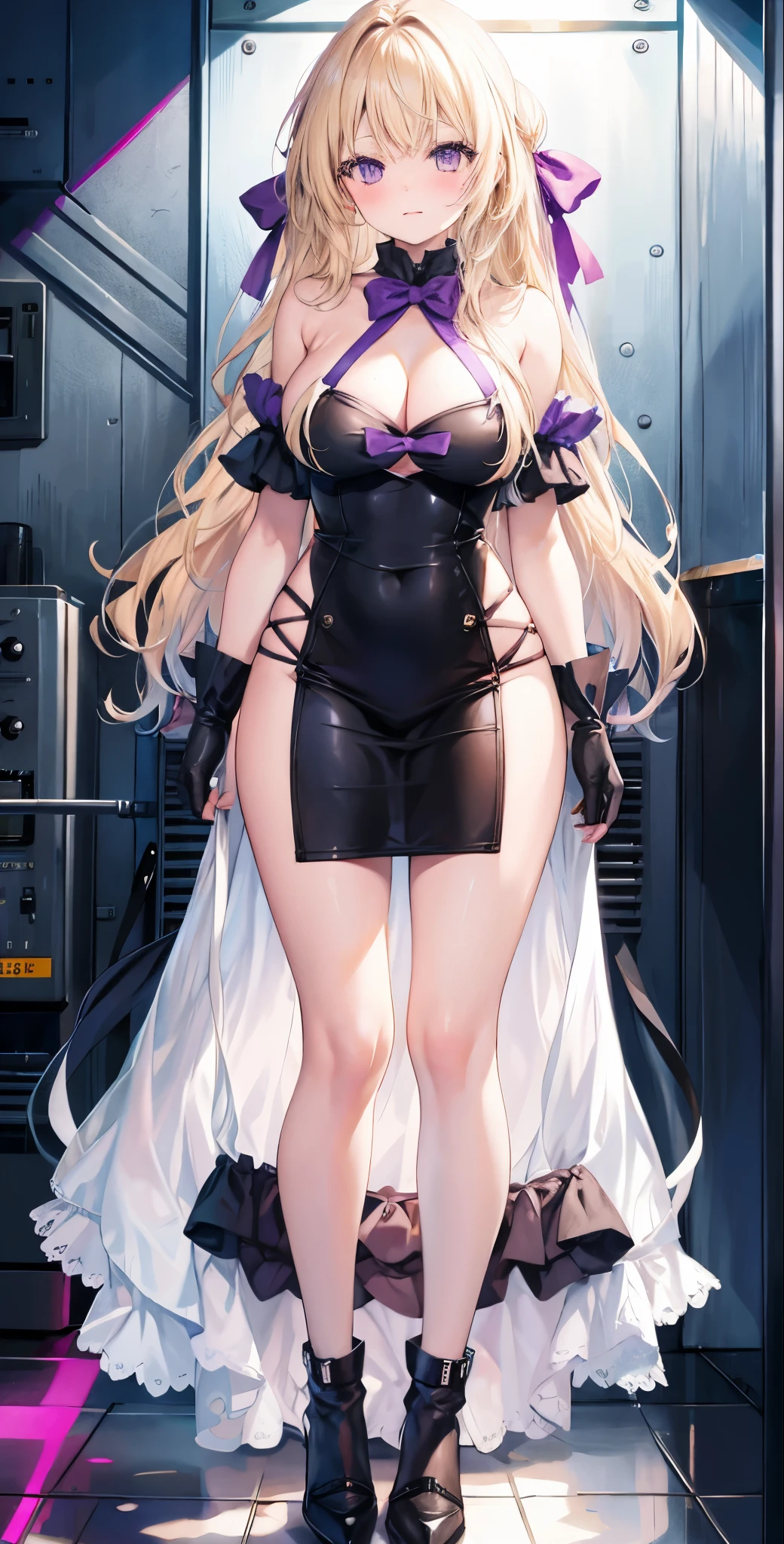 girl，Large Breasts，long hair，Topless，Bow，Blonde hair, Purple Eyes, Long hair, Large Breasts, 