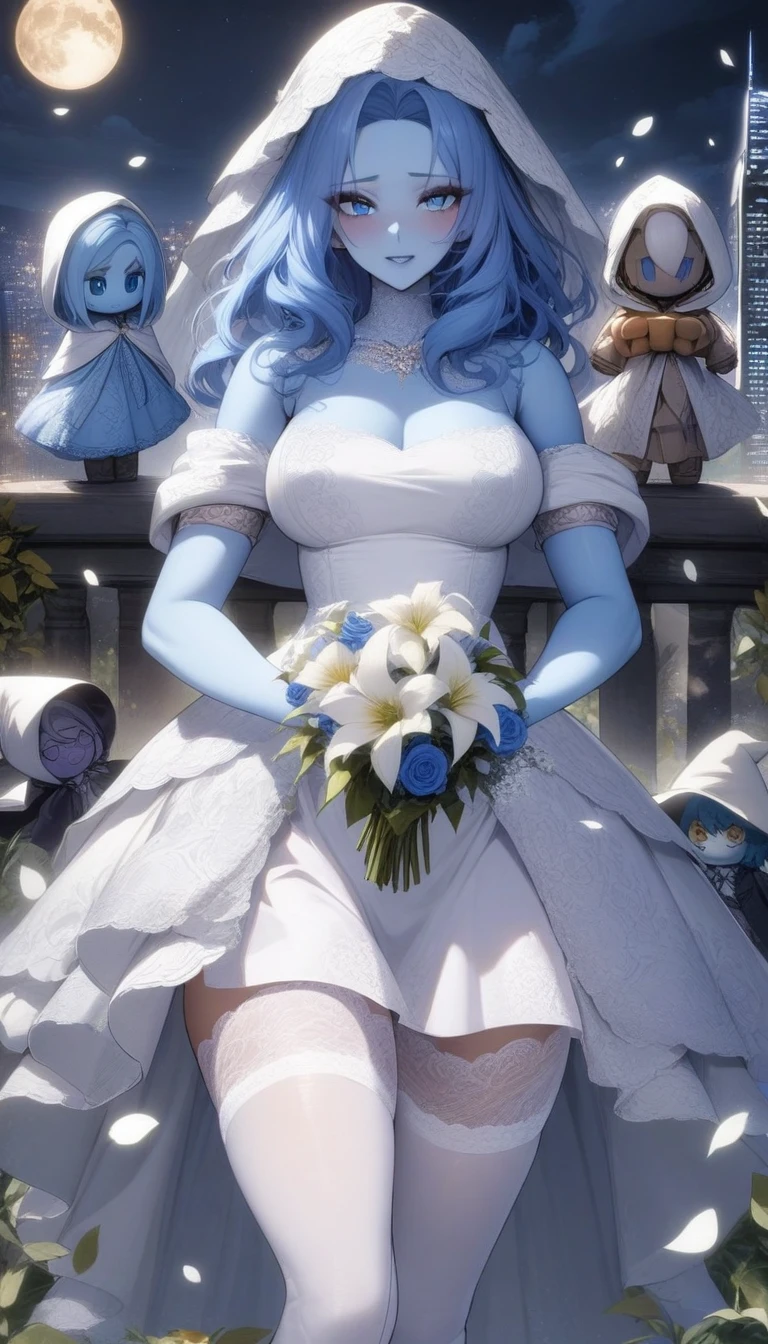 masterpiece, best quality, very aesthetic, absurdres, 1girl, mature_lady, wedding_dress,White lace miniskirt wedding dress, Holding flowers, White lace stockings, wedding hood,  ,ranni_the_witch, elden_ring, blue_eyes, blue_hair, blue_skin, colored_skin, (4arms:1.2), doll_joints, medium_hair, wavy_hair, white_hat, witch_hat,,surrounding by flowers,falling_petals, outdoors, petals,,cityscape, leaf, moon, night, night_sky, outdoors, sky, skyscraper,,floating_clothes