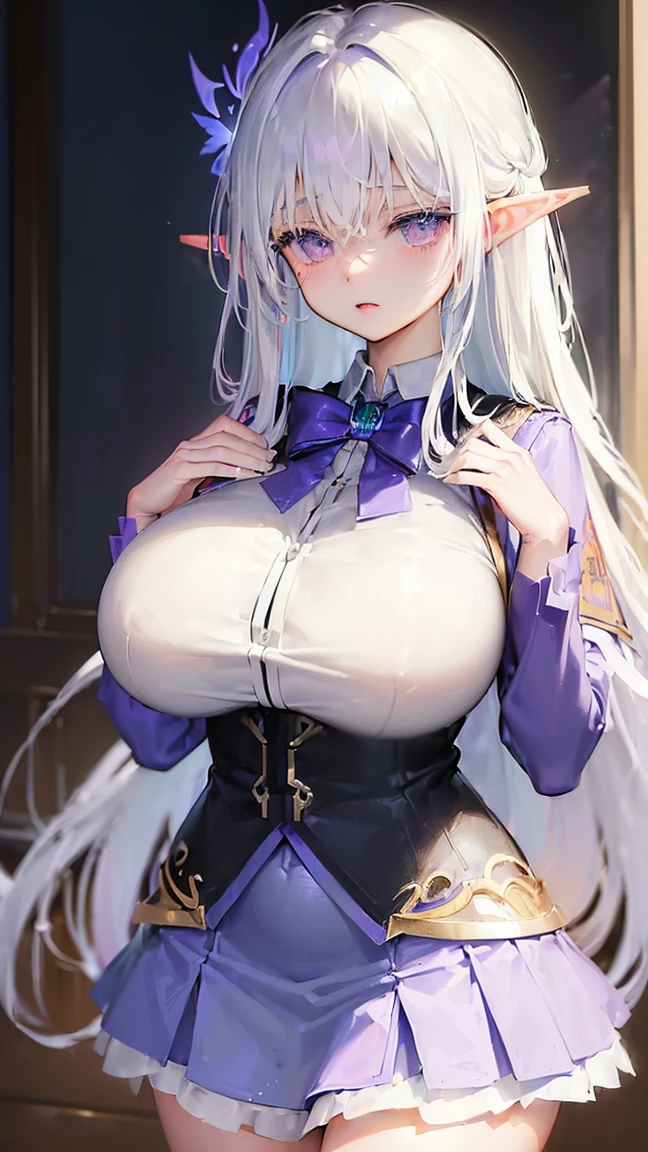 (((Itsuka Shido(date a live))),((gender bender,white hair,dark purple_eyes,cowboy shot,long straight hair)),((school uniform,huge breasts swelling,huge bust:1.8,elf))