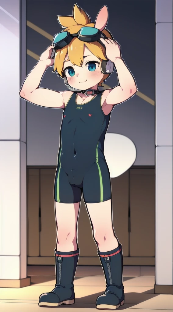 1boy, blonde hair, blue eyes, messy hair, short hsir, black compression shirt with no sleeves, dark grey cargo pants, arm warmers with red stripe on the middle, no sleeves, hip window