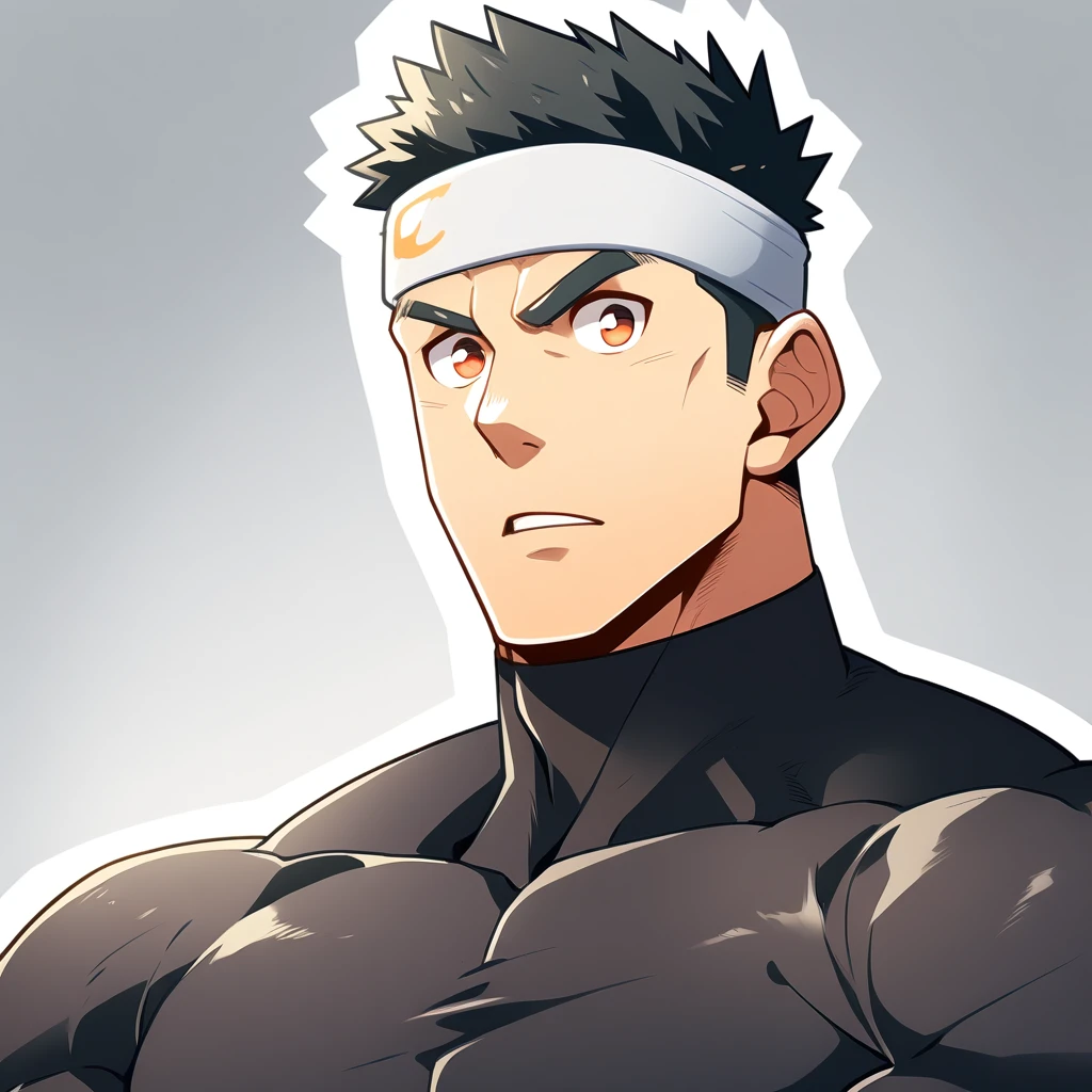 anime characters：Gyee, Muscle Sports Student, Manliness, sports headband, male focus, Cute boy with big eyes, Mike WHite high collar long sleeve tight T-shirt, Slightly transparent material, Very tight, Round, full and perky chest muscles, Slightly transparent, muscular male, muscular, only, Upper body, alone, Black short hair, Thick eyebrows, stubble, Cute little eyes, Brown-red pupils, Grey background, simple background, amazing quality, best aesthetics, Ridiculous, crew cut, parted lips, v-shaped eyebrows, jitome, best quality