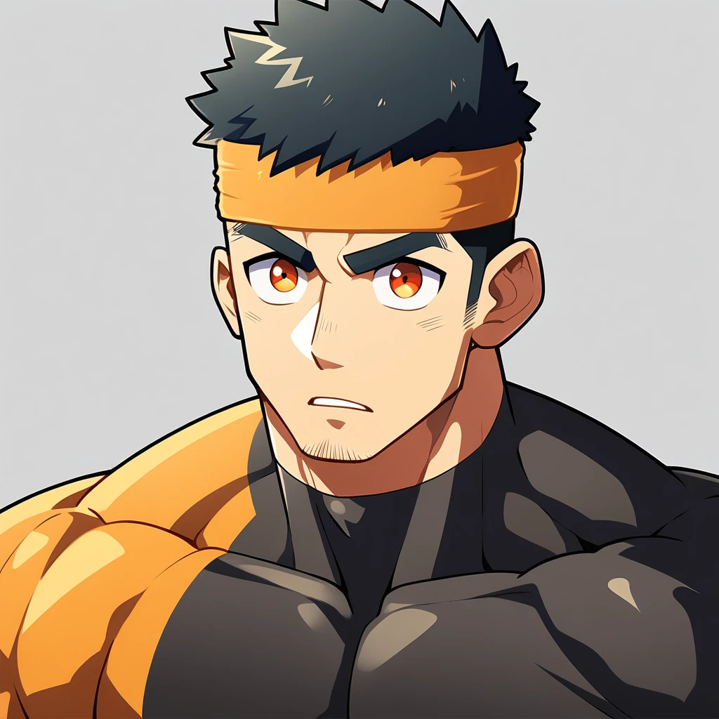 anime characters:Gyee, Muscle Sports Student, Manliness, sports headband, male focus, Cute boy with big eyes, Mike WHite high collar long sleeve tight T-shirt, Slightly transparent material, Very tight, Round, full and perky chest muscles, Slightly transparent, muscular male, muscular, only, Upper body, alone, Black short hair, Thick eyebrows, stubble, Cute little eyes, Brown-red pupils, Grey background, simple background, amazing quality, best aesthetics, Ridiculous, crew cut, parted lips, v-shaped eyebrows, jitome, best quality