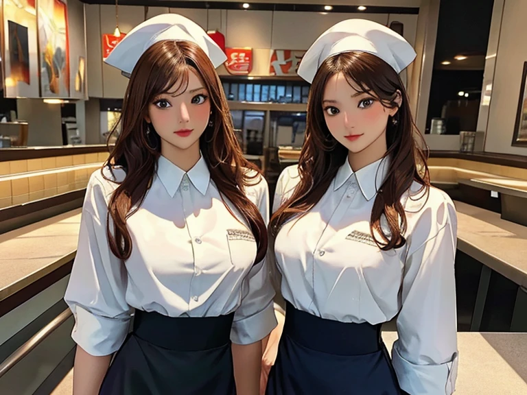 Masterpiece, Best quality, Photorealistic, Ultra-detailed, fine detail, high resolution, 8K wallpaper, imagine a fast food restaurant with two beautiful girls, they have medium size breasts, slender waist and small but curvy hips, they are fast food workers and are behind the counter serving customers in fast food restaurant, fast food uniform