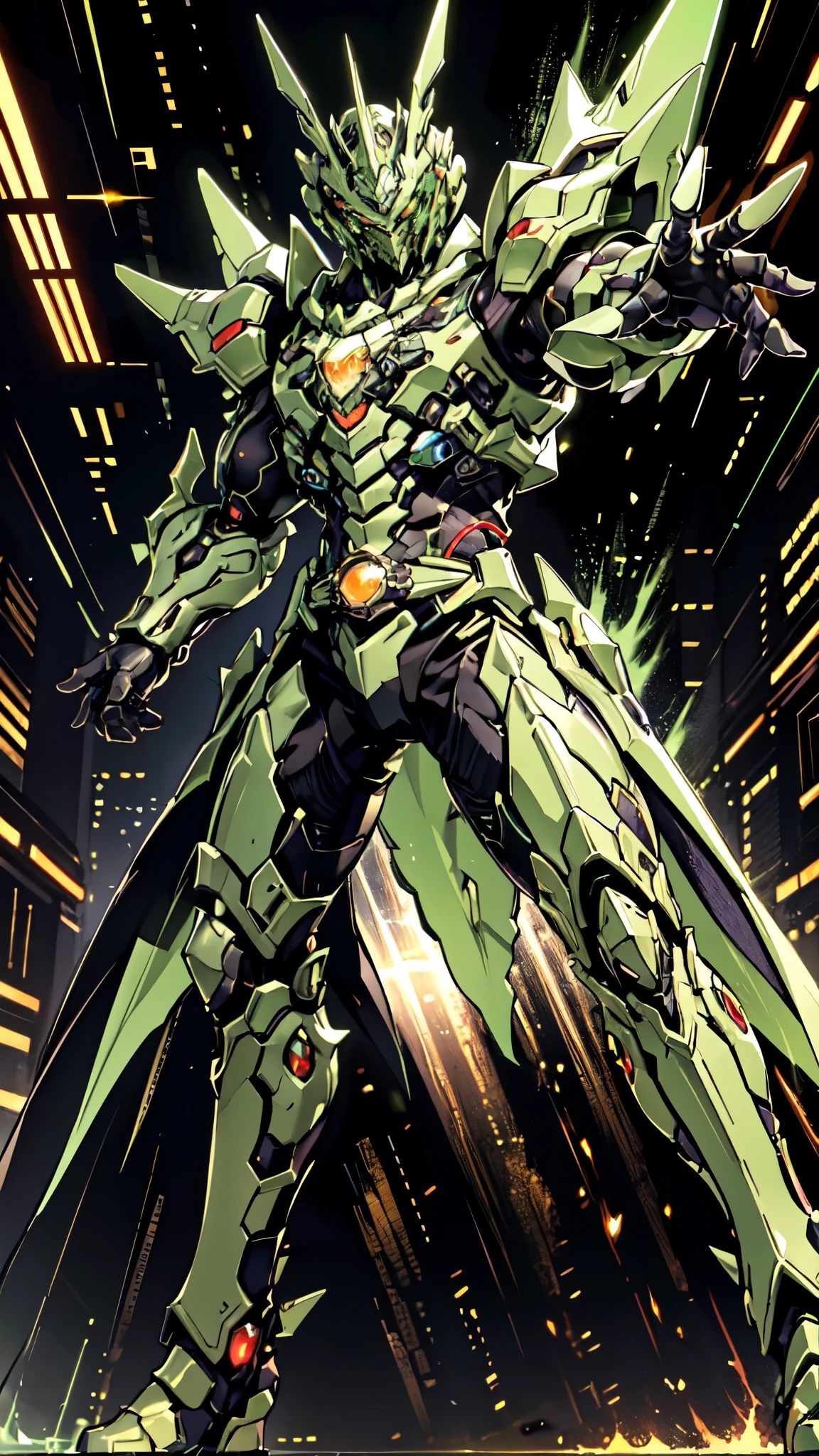 (masterpiece:1.5, best quality:1.5, extremely delicate:1.5, foreshortening:1.5, dynamic angle:1.5), a man wearing a full-face helmet, a fantasy-style biotech armored combat suit, green eyes, (a composite layered chest armor), fully enclosed shoulder guards, matching arm and leg guards, the belt is adorned with neon circuitry, (the color scheme is primarily black glow with green and red accents), the design balances heavy with agility, a high-tech bio-mecha armor, (Armor Concept Inspired by neon Cyberpunk, stand on the top of a skyscraper in a futuristic sci-fi city), this character embodies a finely crafted fantasy-surreal style armored hero in anime style, exquisite and mature manga art style, (element, plasma, energy, the armor glows), ((male:1.5)), metallic, high definition, highres, ultra-detailed, ultra-fine painting, professional, perfect body proportions, golden ratio, anatomically correct, symmetrical face, extremely detailed eyes and face, high quality eyes, creativity, RAW photo, UHD, 32k, Natural light, cinematic lighting, masterpiece-anatomy-perfect