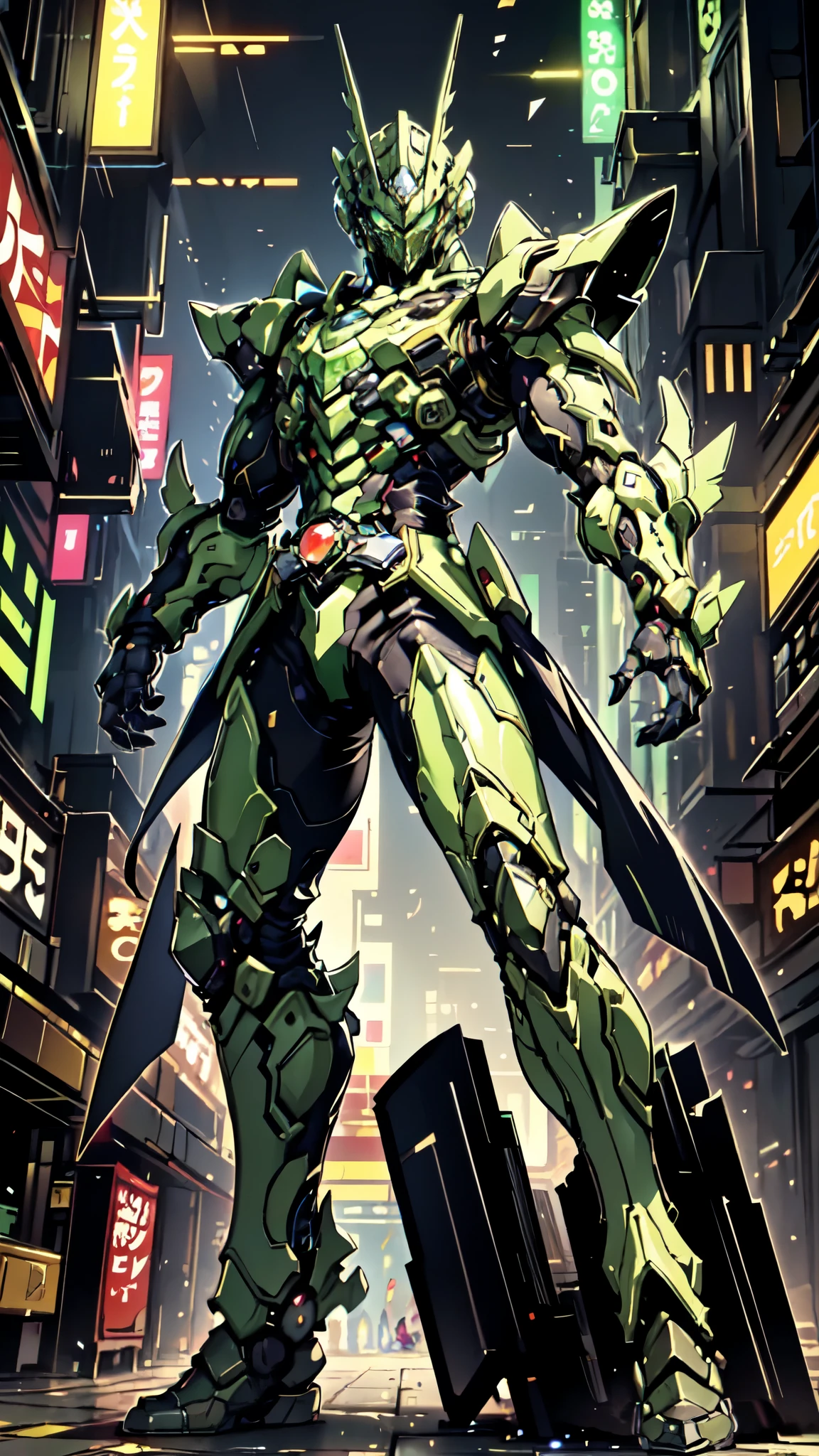 (masterpiece:1.5, best quality:1.5, extremely delicate:1.5, foreshortening:1.5, dynamic angle:1.5), a man wearing a full-face helmet, a fantasy-style biotech armored combat suit, green eyes, (a composite layered chest armor), fully enclosed shoulder guards, matching arm and leg guards, the belt is adorned with neon circuitry, (the color scheme is primarily black glow with green and red accents), the design balances heavy with agility, a high-tech bio-mecha armor, (Armor Concept Inspired by neon Cyberpunk, stand on the top of a skyscraper in a futuristic sci-fi city), this character embodies a finely crafted fantasy-surreal style armored hero in anime style, exquisite and mature manga art style, (element, plasma, energy, the armor glows), ((male:1.5)), metallic, high definition, highres, ultra-detailed, ultra-fine painting, professional, perfect body proportions, golden ratio, anatomically correct, symmetrical face, extremely detailed eyes and face, high quality eyes, creativity, RAW photo, UHD, 32k, Natural light, cinematic lighting, masterpiece-anatomy-perfect