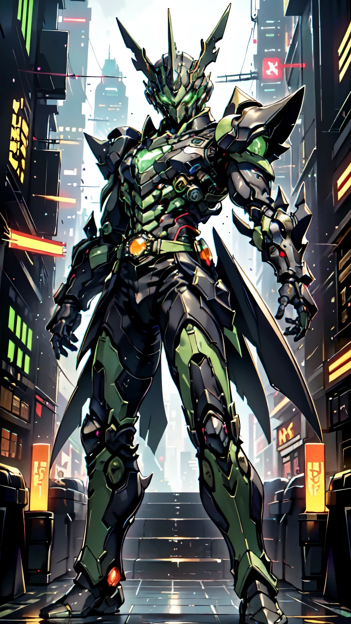 (masterpiece:1.5, best quality:1.5, extremely delicate:1.5, foreshortening:1.5, dynamic angle:1.5), a man wearing a full-face helmet, a fantasy-style biotech armored combat suit, green eyes, (a composite layered chest armor), fully enclosed shoulder guards, matching arm and leg guards, the belt is adorned with neon circuitry, (the color scheme is primarily black glow with green and red accents), the design balances heavy with agility, a high-tech bio-mecha armor, (Armor Concept Inspired by neon Cyberpunk, stand on the top of a skyscraper in a futuristic sci-fi city), this character embodies a finely crafted fantasy-surreal style armored hero in anime style, exquisite and mature manga art style, (element, plasma, energy, the armor glows), ((male:1.5)), metallic, high definition, highres, ultra-detailed, ultra-fine painting, professional, perfect body proportions, golden ratio, anatomically correct, symmetrical face, extremely detailed eyes and face, high quality eyes, creativity, RAW photo, UHD, 32k, Natural light, cinematic lighting, masterpiece-anatomy-perfect