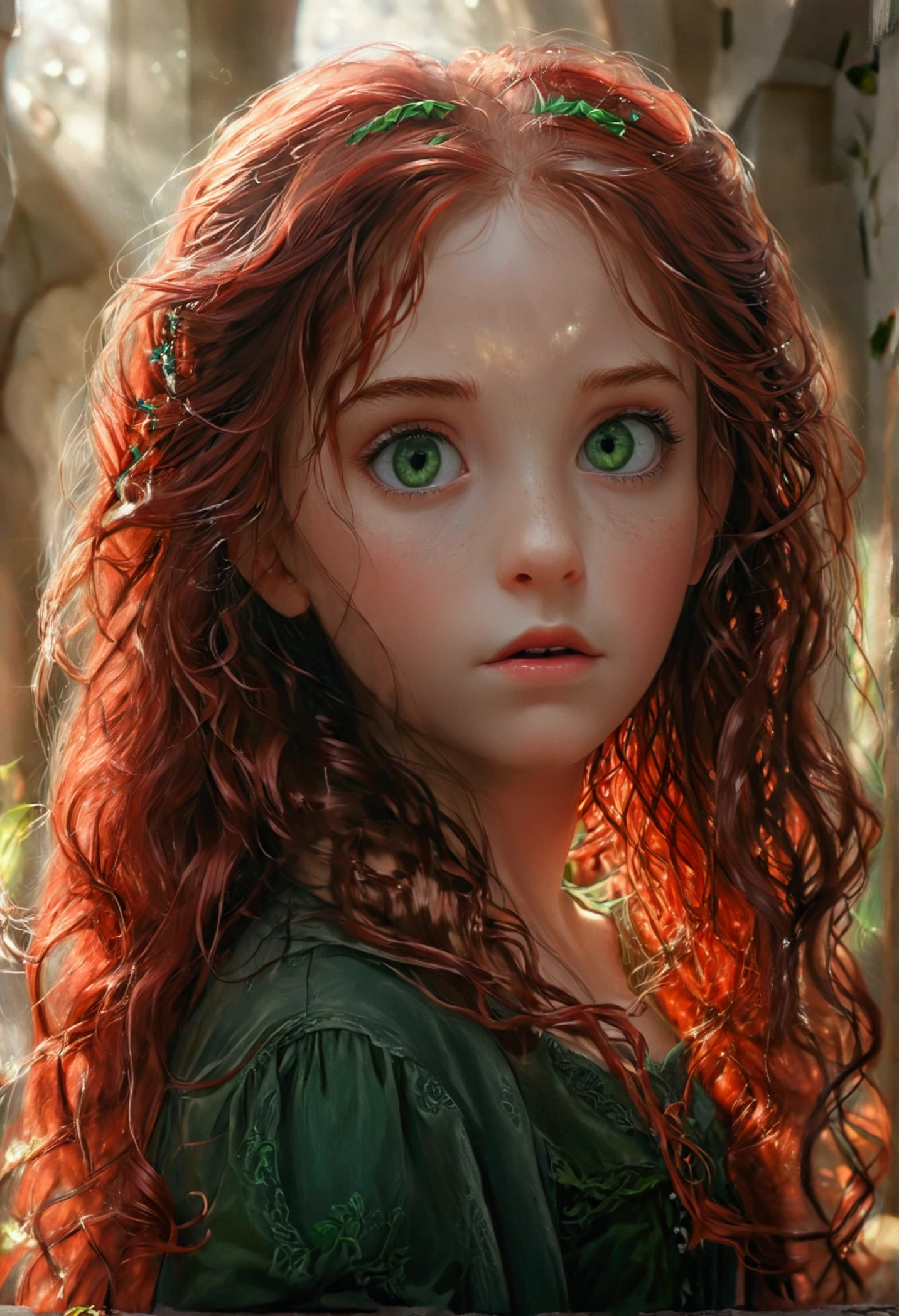 Photography image of a cute daughter of severus snape girl, long wavy red dark hair, fantasy, photorealistic, symmetrical face, symmetrical green eyes, soft pastel colours, intricate, path tracing, illustration, insanely detailed, direct sunlight on face, path traced hair