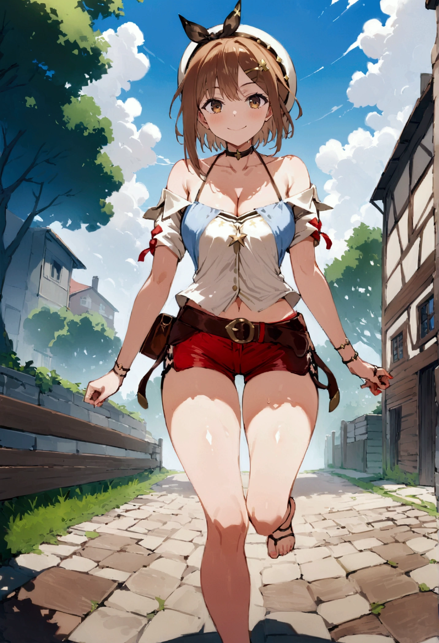 score_9, score_8_up, score_7_up,,,rating_safe. BREAK , (from front.below view,,feet focus,standing,straight-on,running,(mediumshot),looking_at_viewer ,1girl, reisalin stout, choker, beret, hair ornament, hairclip, cleavage, short sleeves, bare shoulders, single glove, belt, short shorts, outdoors, solo, days, smile, (masterpiece), (best quality), (ultra-detailed), illustration, perfect composition, intricate details, moist skin, intricate details, UHD,