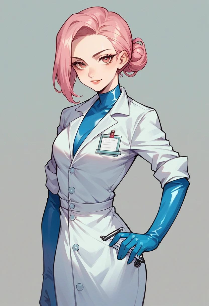 1girl, ((blue elbow gloves)), ((surgical gloves)), ((latex gloves)), ((long sleeves)), ((pink surgeon outfit)), ((doctor)), looking at viewer, standing, solo