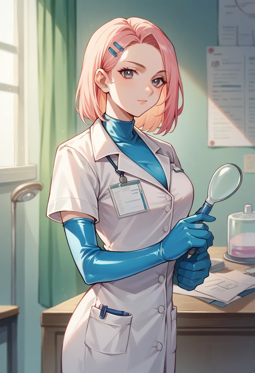 1girl, ((blue elbow gloves)), ((surgical gloves)), ((latex gloves)), ((long sleeves)), ((pink surgeon outfit)), ((doctor)), looking at viewer, standing, solo