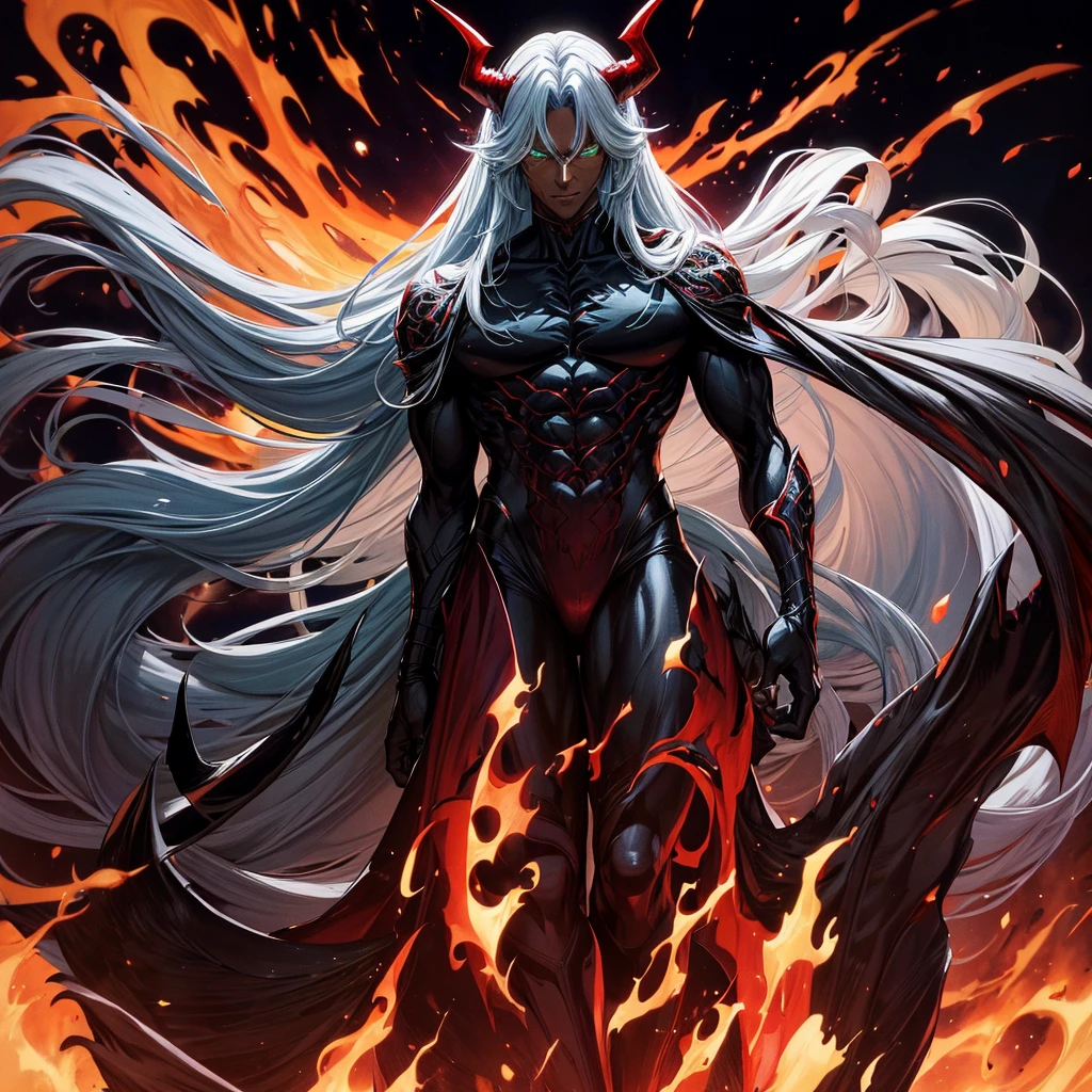 Male character, handsome, dark skin, black wings, wearing a red suit, long white hair, emerald green eyes, his appearance is that of a fire demon, his body is that of a fire demon with giant horns, a bestial body, an intimidating appearance, its appearance is identical to that of the fire demon Ifrit, blue background