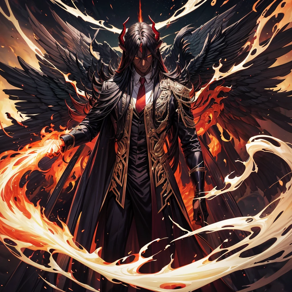 the Hell Messenger descends upon a fiery landscape. The scene is set in a deep, dark abyss with towering flames illuminating the surroundings. The Messenger, clad in black robes, is depicted with outstretched wings, emanating an otherworldly glow. The air crackles with energy as the Messenger's eyes glow with an eerie red light. Be sure to capture the contrast between the Messenger's ethereal presence and the chaotic inferno surrounding them.