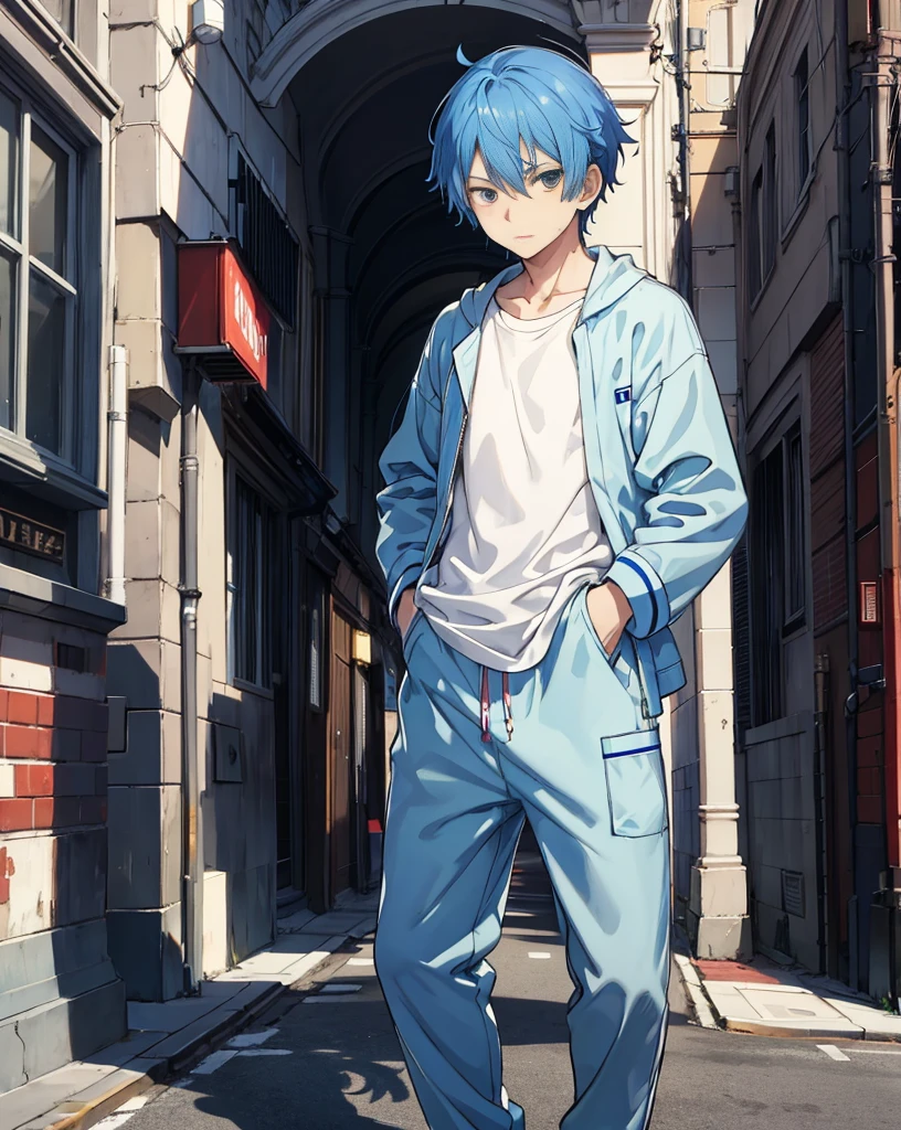 masterpiece,1 boy,Solitary,Blue Hair,One-piece pajamas, street,Hands on Hips, Hands in pockets,