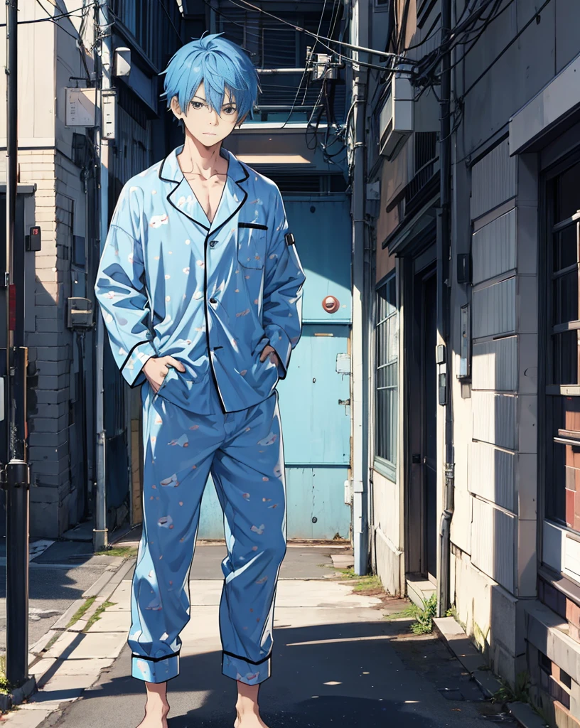 masterpiece,1 boy,Solitary,Blue Hair,One-piece pajamas, street,Hands on Hips, Hands in pockets,