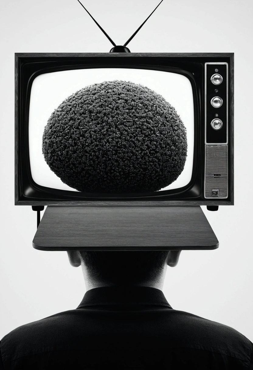 A person's head becomes a complex black and white TV,Black and white photo album cover,Minimalist blur style