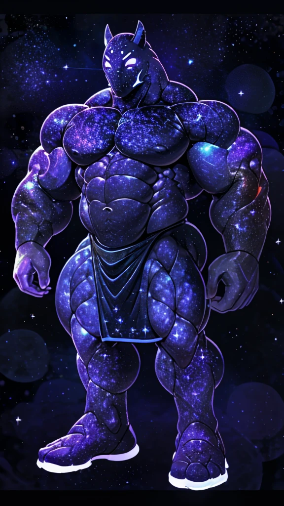 A colossal giant god of the cosmos, a muscular body made enitrely of the galaxy, muscular, giant, wearing a purple and black skirt, thick galaxy thichs, big galaxy pecs, big muscular galaxy arms, galaxy mask, glowing white eyes, full body character, high quality. 4k, DETAILED,  MASTERPIECE. Dark background