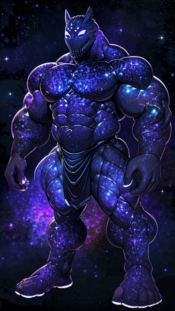 A colossal giant god of the cosmos, a muscular body made enitrely of the galaxy, muscular, giant, wearing a purple and black skirt, thick galaxy thichs, big galaxy pecs, big muscular galaxy arms, galaxy mask, glowing white eyes, full body character, high quality. 4k, DETAILED,  MASTERPIECE. Dark background