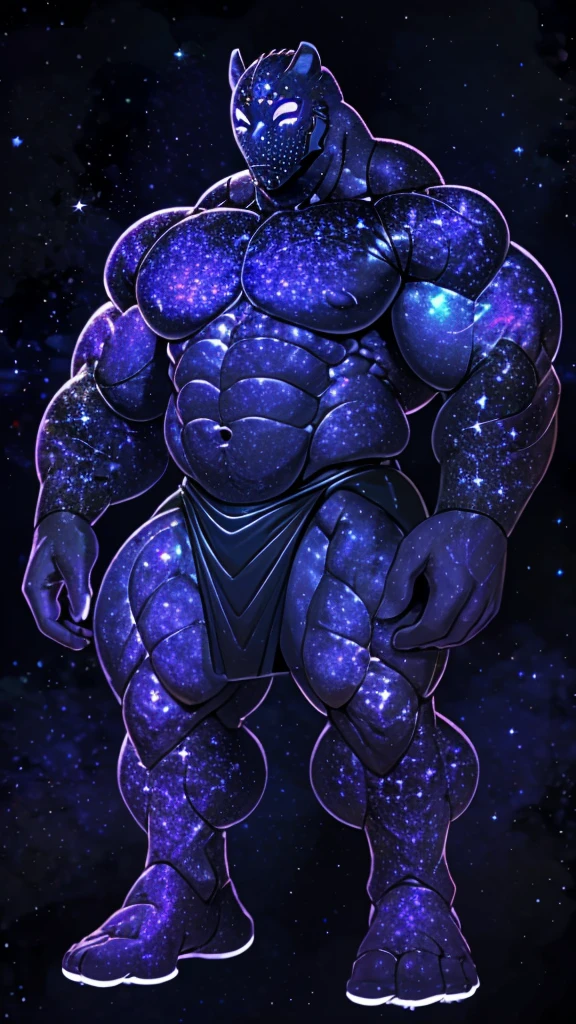 A colossal giant god of the cosmos, a muscular body made enitrely of the galaxy, muscular, giant, wearing a purple and black skirt, thick galaxy thichs, big galaxy pecs, big muscular galaxy arms, galaxy mask, glowing white eyes, full body character, high quality. 4k, DETAILED,  MASTERPIECE. Dark background