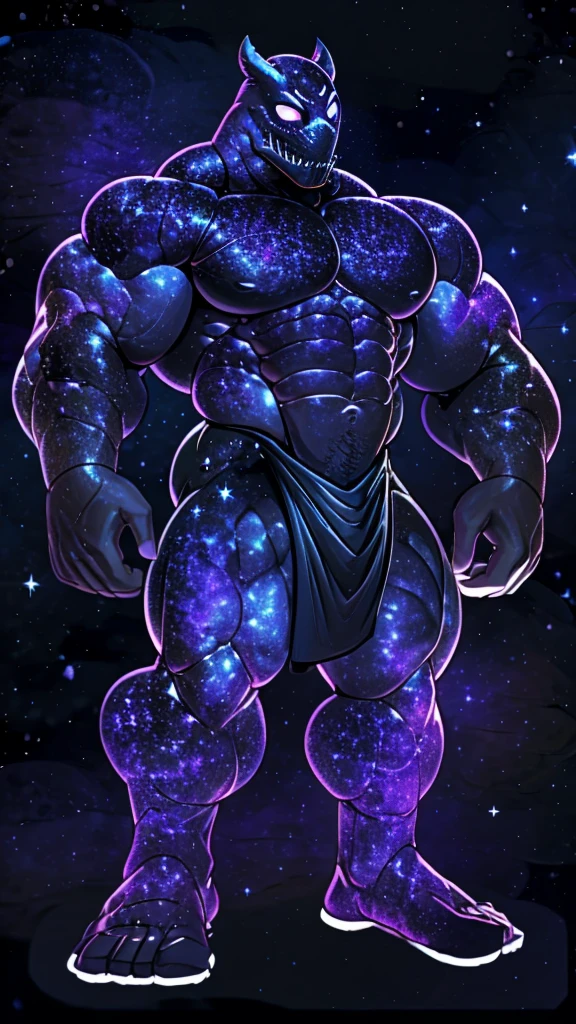 A colossal giant god of the cosmos, a muscular body made enitrely of the galaxy, muscular, giant, wearing a purple and black skirt, thick galaxy thichs, big galaxy pecs, big muscular galaxy arms, galaxy mask, glowing white eyes, full body character, high quality. 4k, DETAILED,  MASTERPIECE. Dark background