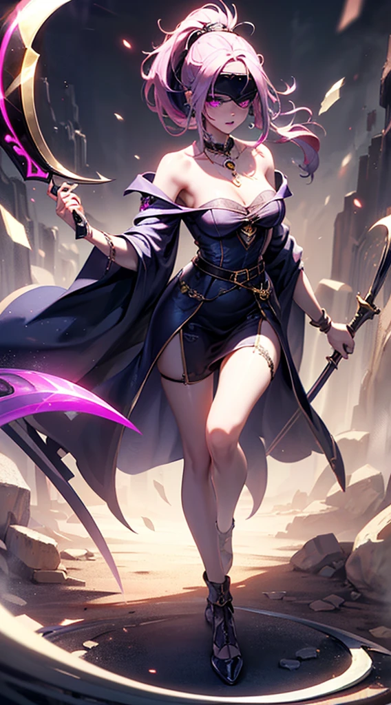 Vampire Queen Combat Dress (Radiant Royal Cloak: 1.2) Black and Purple Color, (extremely delicate beautiful eyes and depression but arrogant eyes), (multicolor, ponytail, iridescent hair, colorful hair, half purple and half pink hair: 1.3), (magical, mythic,fantasy), (Super Model Body Shape, idol, seducing body, attractive, gorgeous, charming, majesty, Sexy Devil aura), Original Character, Masterpiece, Tempting Purple Eyes, Purple Gemstone Accessories, Gold Belt, Gold Necklace, Wind Evil and body floating effect, Soft Moonlight, unique crown, (Corruption Tattoo on 1;1.25), (holding a Giant Scythe 1:1.3), 16k wallpaper style,bare shoulders, cute, petite, solo, stars, stardust, shiny body detailed, killing scenario, legend, horny blush, pink lips, cinematic lighting, full body close-up, scale up, twilight, dark magic, dark element, villain, battle mage, blindfold, solo leveling art style, perfect shade, shadow warrior, glowing armor