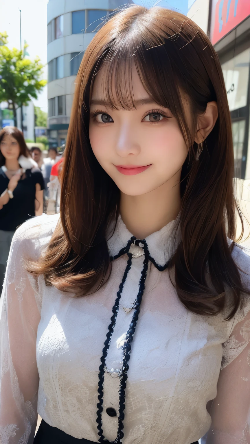 masutepiece, Best Quality, Illustration, Ultra-detailed, finely detail, hight resolution, 8K Wallpaper, Perfect dynamic composition, Beautiful detailed eyes, summer blouse setup clothes,Medium Hair,Small breasts natural color lip, Bold sexy poses,Smile,Harajuku、18 years girl、Cute、Sexy shot looking at camera