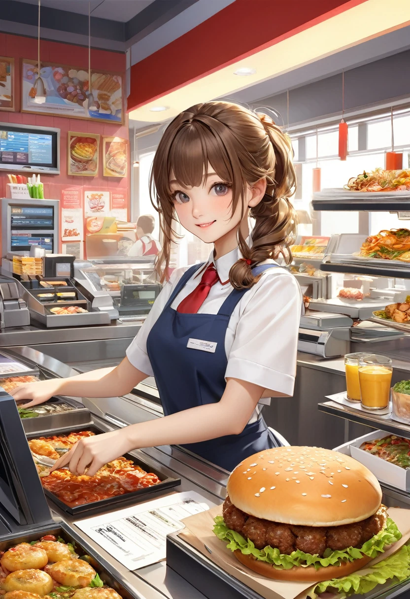 
            ( Correct and perfect anatomy ) Cute charming anime girl wearing white fast food uniform(Fast food clerk) There is a cash register in front of work in a fast food restaurant with a hand holding an order form. There are rich healthy side dishes around the cash register. The background of fast food meals is a rich meal preparation scene. Exquisite illustrations are super detailed.,Ultra-precise depiction, Ultra-detailed depiction of masterpieces Highly detailed concept art Highly detailed digital art