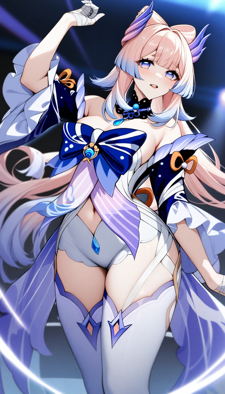 masterpiece, best quality, very aesthetic, absurdres, 1girl, mature_lady, Mummy_clothes, bandage_clothes, bandaged_chest, bandaged_fingers, bandaged_hand, bandaged_head, bandaged_neck, bandaged_thighs, bandaged_pants, bandages cover body, ,sangonomiya_kokomi(genshin_impact), blue_hair, pink_hair, multicolored_eyes, long_hair, bow-shaped_hair, colored_tips,,on stage,floating_clothes