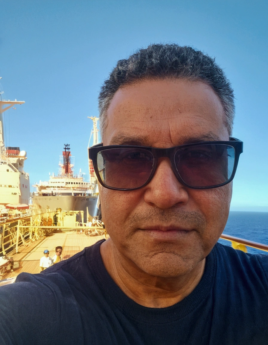 sharp man wearing sunglasses in front of a large ship, em pé on the deck of a ship, 8k selfie shotgraph, standing on the deck of the ship, on the deck of a ship, david rios ferreira, selfie shot, selfie of a man, age 38, pov photo, about 3 5 years old, ocean in the background, 4 0 years old man