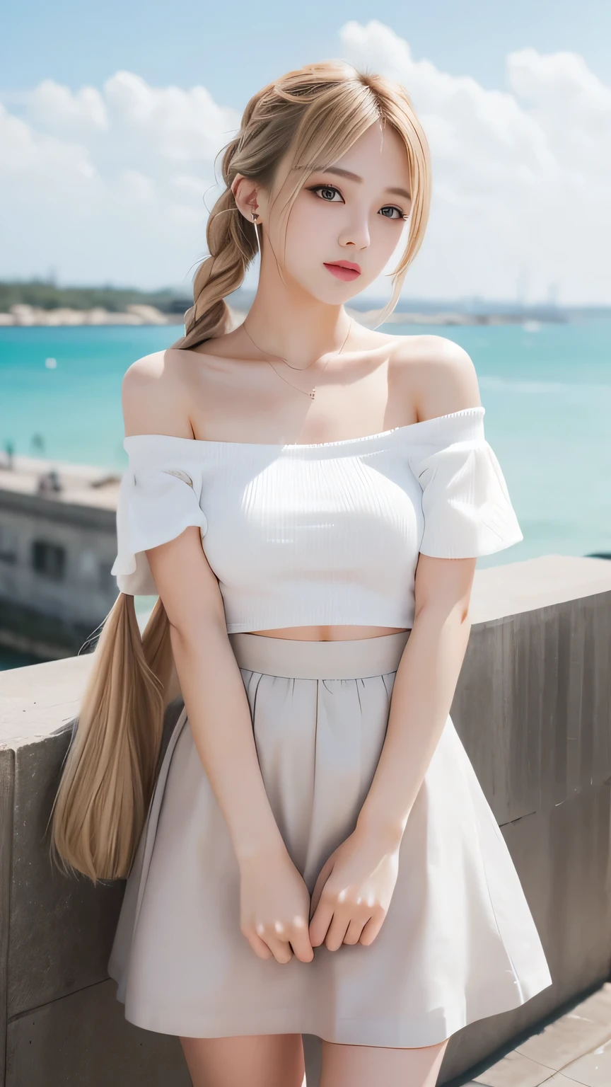 Sexy Big 、A cute 21-year-old girl with a sexy and cute look, Beautiful and sexy face、A strong wind blows my hair in front of my face、Blonde French braids with cute and sexy eyes hidden by long bangs、Off-the-shoulder T-shirt、Tulle miniskirt