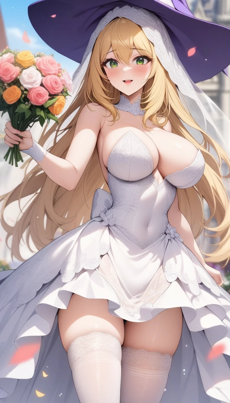 masterpiece, best quality, very aesthetic, absurdres, 1girl, mature_lady, wedding_dress,White lace miniskirt wedding dress, Holding flowers, White lace stockings, wedding hood, ,dark_magician_girl, yu-gi-oh!, 1girl, bare_shoulders, blonde_hair, green_eyes, large_breasts, long_hair, witch_hat,,surrounding by flowers,falling_petals, outdoors, petals,,in a plaza,blur background,background defocus