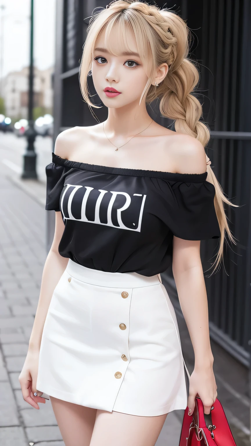Sexy Big 、A cute 21-year-old girl with a sexy and cute look, Beautiful and sexy face、A strong wind blows my hair in front of my face、Blonde French braids with cute and sexy eyes hidden by long bangs、Off-the-shoulder T-shirt、Tulle miniskirt