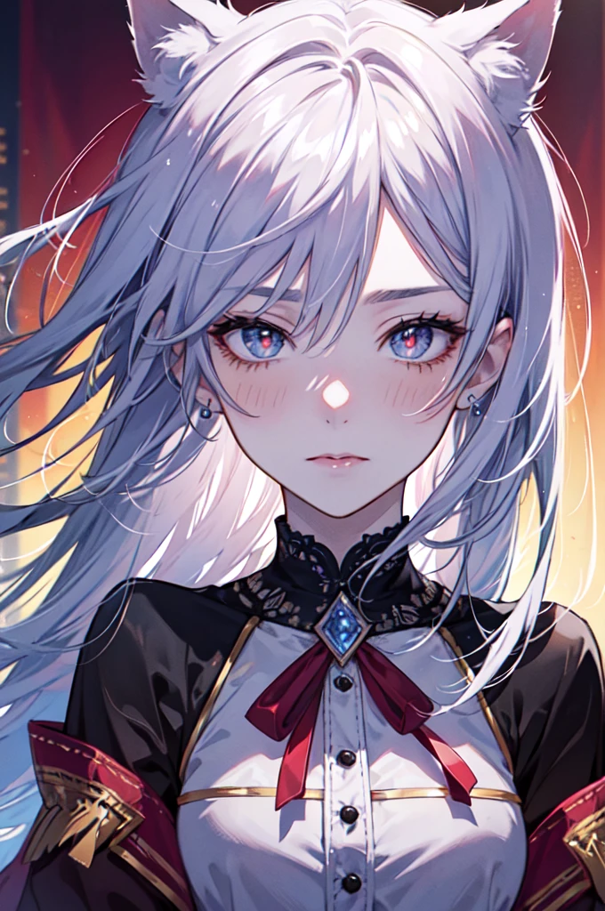 shy, embarrassed, blush, closed mouth, bright pupils, glint, red lips, nose blush, cat ears, longeyelashes, slit pupils, wide eyes, amber eyes, shiny hair, long hair, silver hair, high detail, anime, anime style, depth of field, cinematic lighting, ray tracing, masterpiece, accurate, anatomically correct, super detail, high details, high quality, best quality, highres, 4K