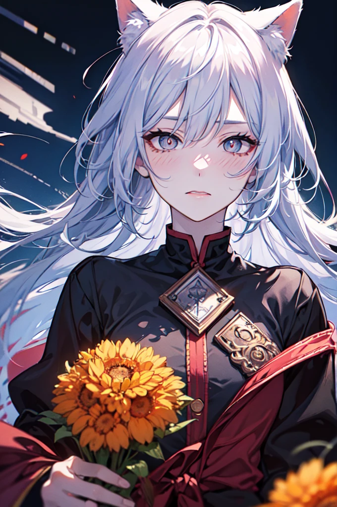 shy, embarrassed, blush, closed mouth, bright pupils, glint, red lips, nose blush, cat ears, longeyelashes, slit pupils, wide eyes, amber eyes, shiny hair, long hair, silver hair, high detail, anime, anime style, depth of field, cinematic lighting, ray tracing, masterpiece, accurate, anatomically correct, super detail, high details, high quality, best quality, highres, 4K