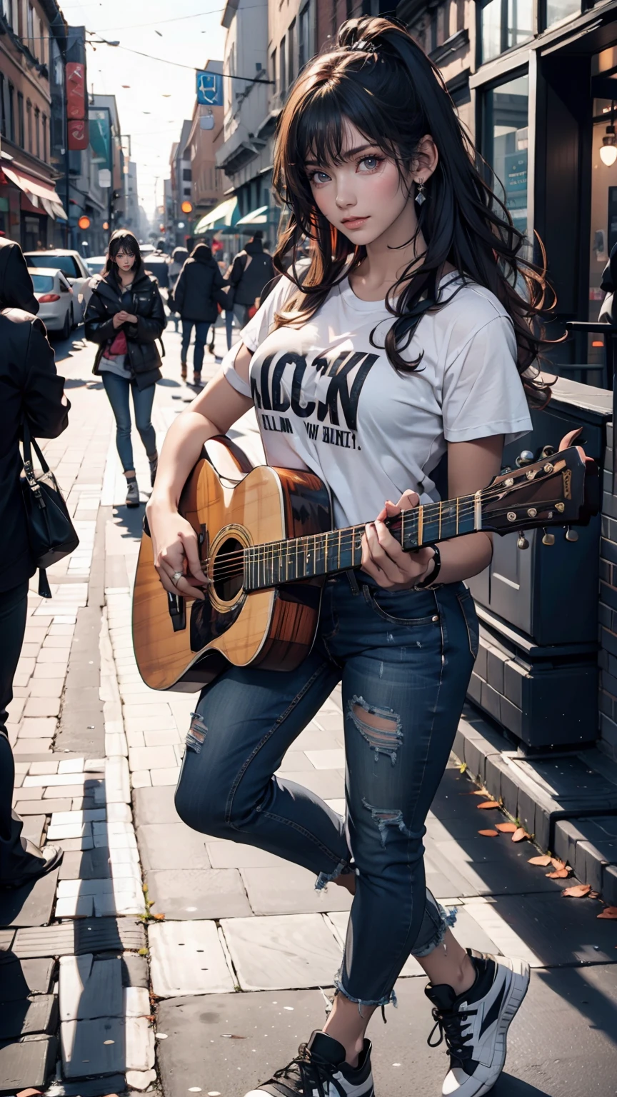 24-year-old female、Black Hair、Iris、Shortcuts、Curly hair ends、Street performance in downtown、The audience forms a circle around、Acoustic guitar playing、T-shirt with hard rock band logo printed on it、Skinny jeans、sneakers