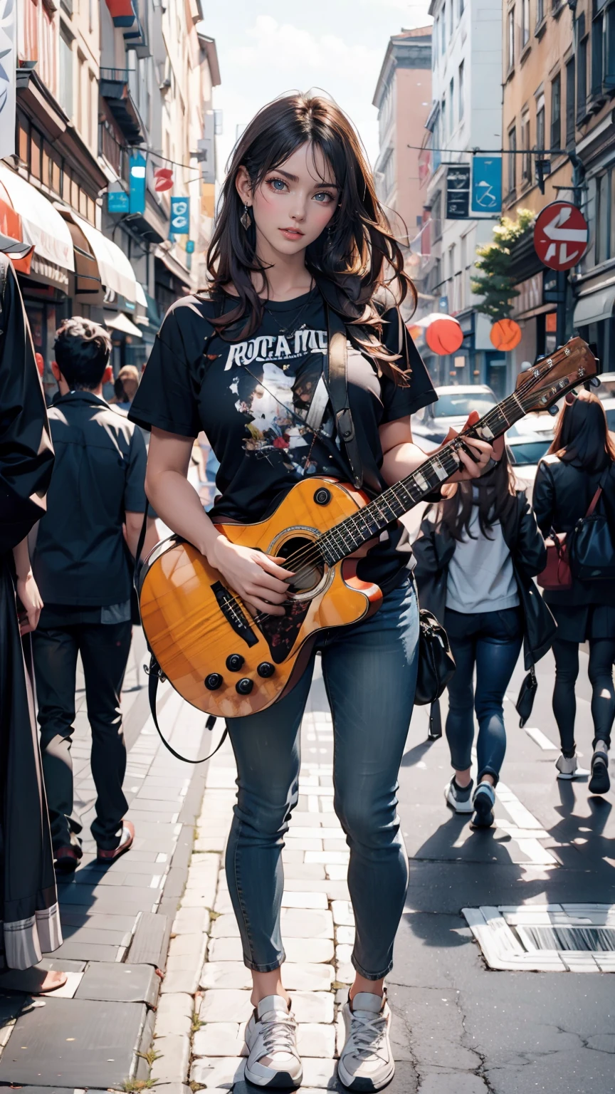 24-year-old female、Black Hair、Iris、Shortcuts、Curly hair ends、Street performance in downtown、The audience forms a circle around、Acoustic guitar playing、T-shirt with hard rock band logo printed on it、Skinny jeans、sneakers