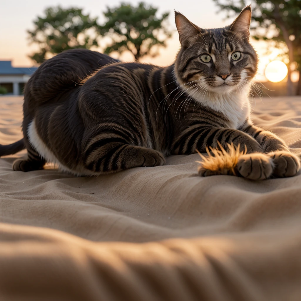 sharp focus, dramatic, award winning, cinematic lighting, volumetrics dtx, (film grain, blurred background, blurred foreground, bokeh, depth of field, sunset, motion blur:1.3), 4K, 8K, HD, HDrthere is a cat that is installing on the ground, painting by Heather Hudson, Reddit, Realism, having fun in the sun, black cat, fluffy, very relaxed, Lying on his back, in the sun, resting on a tough day, Happy Wise. Rather than life, installing, I strike a daring pose, playful pose, relaxing after a hard day