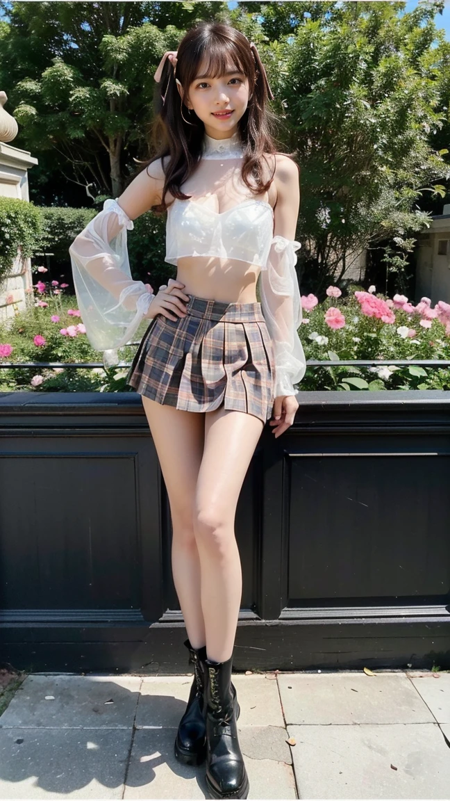 (8K、RAW Photos、Highest quality、masterpiece:1.2)、(Highest quality、Realistic)、1 Girl、((Tube top、mini skirt、Idol Costume、ribbon、Medium Hair、See-through、smile、black、Thin legs、whole body、boots、garden、View from the front、Looking into the camera、Stand with hands on hips))、cute